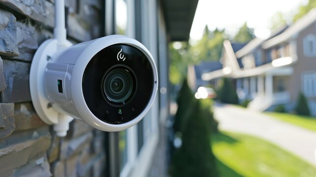 A detailed view of a smart security camera with AI, showing night vision and motion detection capabilities, installed outside a home.