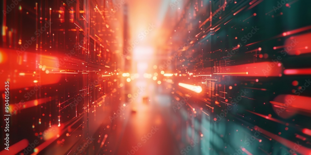 Poster abstract digital sci-fi background with red and cyan light trails, creating a futuristic cyber effec