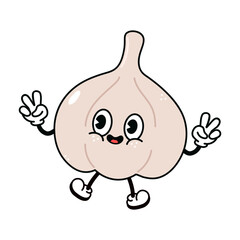 Jumping Garlic character character. Vector hand drawn traditional cartoon vintage, retro, kawaii character illustration icon. Isolated white background. Garlic character concept
