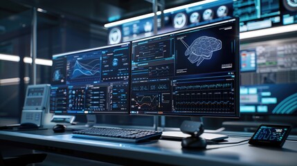 A diagnostic workstation with AI tools, showing complex algorithms processing data and generating accurate medical reports.