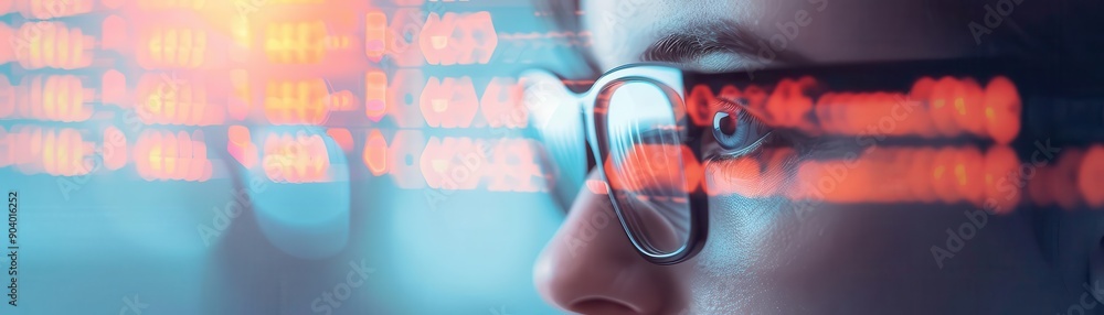 Wall mural close-up of a focused person wearing glasses with data code reflections, representing technology, pr