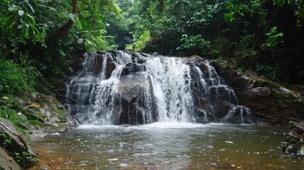 Naklejka premium Lush Green Foliage Surrounding a Cascading Waterfall