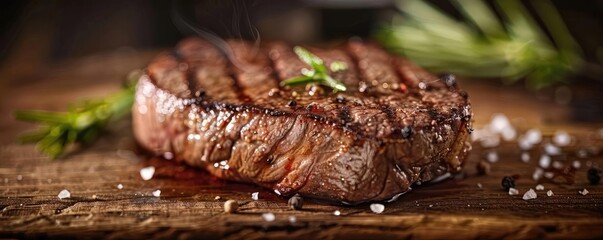 Juicy steak grilled to perfection, garnished with herbs and sea salt on a rustic wooden board for a mouthwatering presentation.