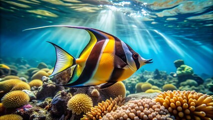 Obraz premium Vibrant Moorish Idol fish with yellow and black vertical stripes swims near a coral reef in a crystal-clear turquoise ocean with subtle sunlight beams.
