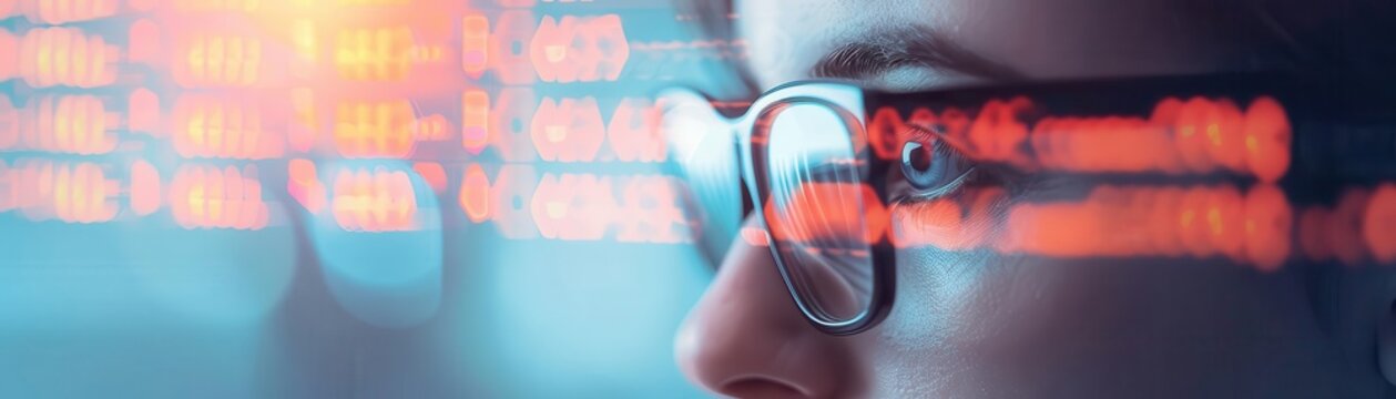 Close-up of a focused person wearing glasses with data code reflections, representing technology, programming, and cybersecurity concepts.
