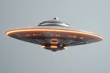 Fototapete UFO, UAP, AAV, flying saucer with floating lights, front view, isolated on clear sky, photorealistic // ai-generated © DOC