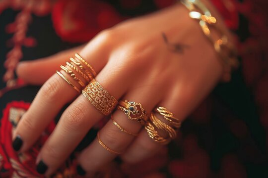 Gold rings accumulation on a woman hand Gold rings accumulation on a woman hand