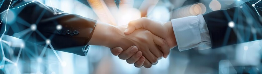 Close-up of two business people shaking hands, signifying agreement and partnership, with a connection network overlay in the background.