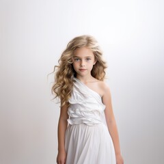 Minimalist portrait of a young girl with curly hair wearing a white dress. 