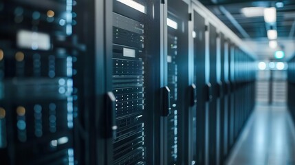 Close-up shot of a modern, high-tech data center with rows of servers and advanced networking equipment in a secure facility.