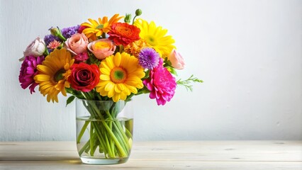 A beautiful bouquet of colorful flowers, including gerberas, roses, and carnations, arranged in a clear glass vase, resting on a rustic wooden table, symbolizing love, joy, beauty, and new beginnings.