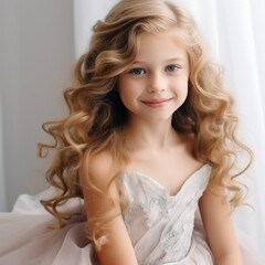 Elegant portrait of a smiling young girl with curly hair.
