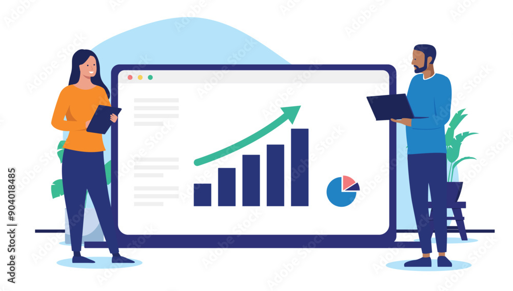 Poster business growth - man and woman with laptop computer looking at rising diagram chart and graph with 