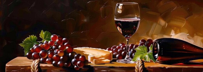 Elegant wine setup featuring a glass of red wine, a bottle, grapes, and cheese on a wooden plank, creating a cozy and inviting ambiance.