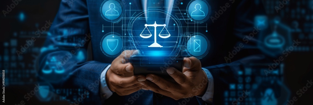Poster digital justice exploring the intersection where law and technology meet, analyzing the impact on co