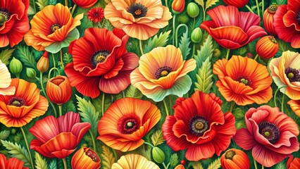 Fototapeta premium A captivating depiction of a poppy field, where vibrant red, orange, and yellow flowers bloom in a lush green meadow. Each blossom showcases intricate details, symbolizing beauty, life, and the passa