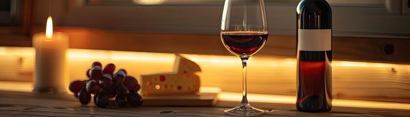 Cozy evening with a glass of red wine, cheese, and grapes on a wooden table with warm lighting and a lit candle in the background.