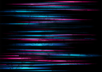 Dark grunge hi-tech background with blue pink shiny stripes. Retro geometry vector art design