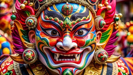 Fototapeta premium A close-up of a vibrant demon mask, symbolizing power, protection, and spirituality in Tibetan culture. The mask is intricately painted with bright colors and intricate details, showcasing the artistr