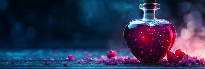 Valentine's Day, magical love potion in heart-shaped bottle with pink and red liquid on dark background. Love spell or romantic drink concept, Generative AI