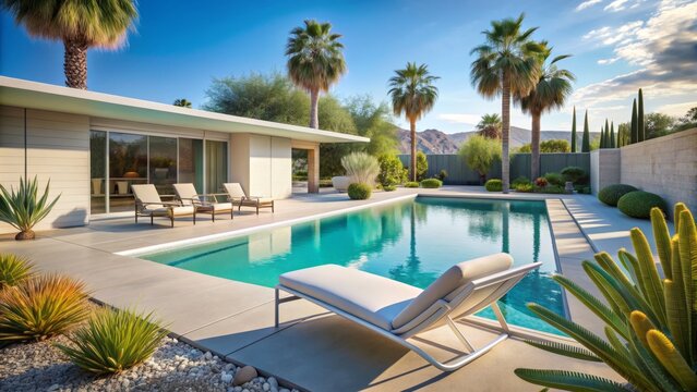 Serene midcentury modern desert home backyard oasis featuring sleek white lounge chair, palm trees, agave, and cacti surrounding turquoise pool amidst summer sunshine.