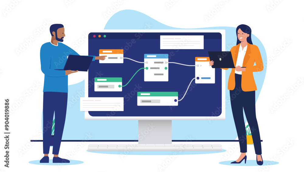 Fototapete Computer people solving complex problem - Two developers working using node-based interface for scripting data science and software. Flat design vector illustration on white background
