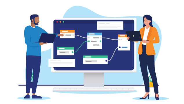 Computer people solving complex problem - Two developers working using node-based interface for scripting data science and software. Flat design vector illustration on white background