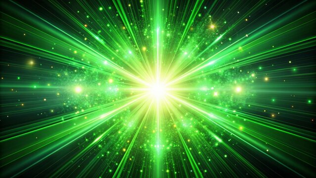 Vibrant glowing green light radiates from a central point, sending shimmering sparks and rays outward in a mesmerizing abstract display of luminescent energy.