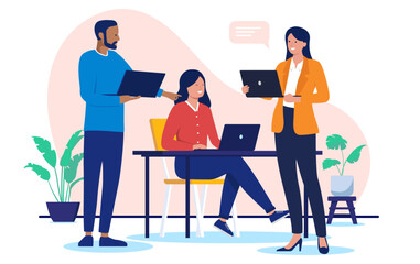 Computer people working - Group of three businesspeople in office standing and sitting while doing work and having conversation and discussion while smiling. Flat design vector illustration