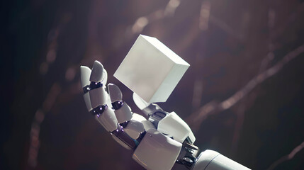 Big data, machine learning, blockchain and AI algorithm the new technology change the world concept, hand of robotic holding digital cube