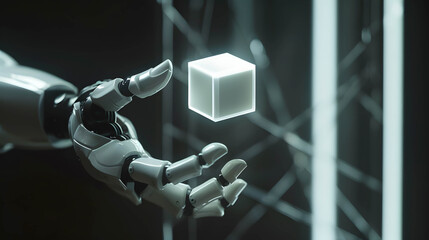 Big data, machine learning, blockchain and AI algorithm the new technology change the world concept, hand of robotic holding digital cube
