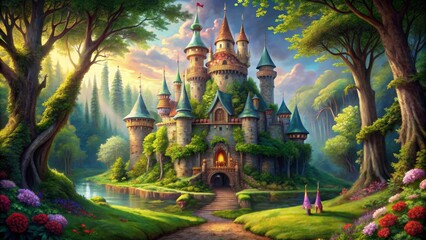 Fototapeta premium A fairytale castle nestled amidst a vibrant forest, surrounded by lush greenery, a sparkling stream, and colorful wildflowers, evoking a sense of wonder, magic, and tranquility.