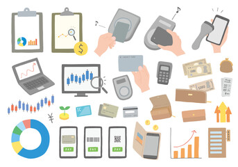 お金や支払い、投資などにまつわる手描きイラストセット