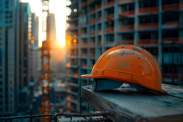 Close-up of a construction helmet and safety gear on a worksite, investing in infrastructure projects and government support concept