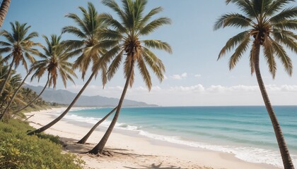 Beach scene with palm trees, soft sand, and the ocean in the background on a bright day
