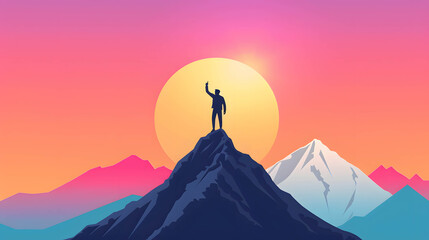 Goal setting and planning for success, habits of successful people and leaders, illustration of a man reaching up to the sun from a mountain peak