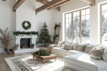Naklejka premium A bright, cozy living room decorated with Christmas garlands and soft furnishings, bathed in natural light. Perfect for holiday home decor inspiration or festive interior design