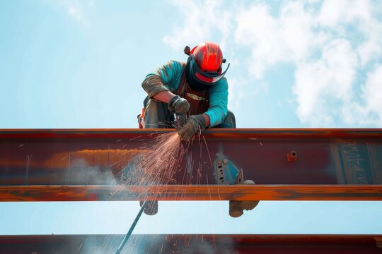 hispanic ironworker welding a steel girder