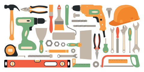 Construction tools big set. Work tool for repair, painter, builder. Isolated vector illustration in clip art style