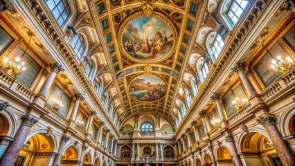 Fototapeta premium A majestic interior shot of a grand hall featuring a gold ceiling adorned with intricate details, a painted fresco, and rows of arches. It symbolizes grandeur, opulence, history, and artistry.