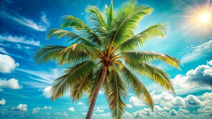 A majestic palm tree stands tall against a backdrop of vibrant blue skies and fluffy white clouds, symbolizing tranquility, escape, and the beauty of nature.  The sun's rays peek through the leaves, s