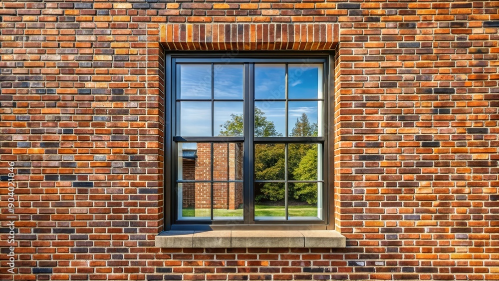 Poster a modern black window with a grid design is set into a red brick wall. the window reflects the sky, 