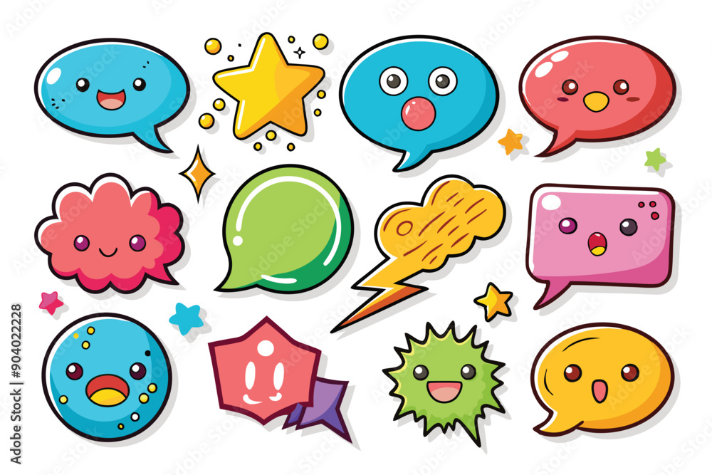 Poster set of speech bubble icon shaped stickers in bright pastel colors, blue, yellow purple, turquoise, p