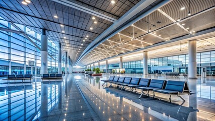 Obraz premium Modern airport terminal with sleek architecture, gleaming floors, and natural light, empty of people, conveying a sense of travel and commercial activity.