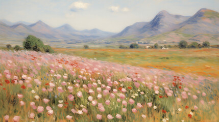 Fototapeta premium Vibrant summer landscape with colorful wildflowers and mountains