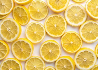 Fototapeta premium Vibrant yellow lemon slices artfully arranged in a decorative pattern on a white background, evoking feelings of freshness, citrus, and warm sunshine.