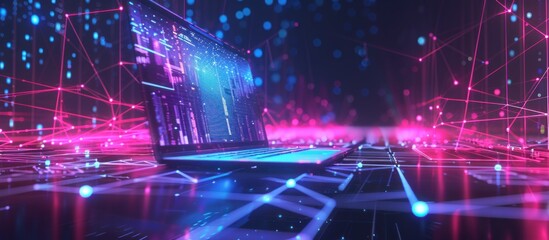 Cyberpunk Laptop in a Digital Landscape