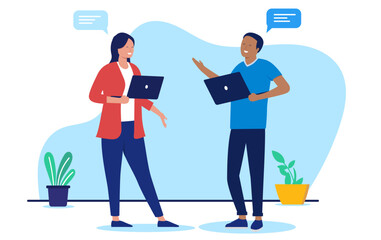 Two people with laptops talking - Business man and woman holding computers in hand having a conversation and dialogue together, smiling with speech bubbles. Flat design vector illustration