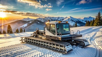 A snowcat, a powerful vehicle for winter maintenance,  is parked on a snowy mountain top with a stunning sunset in the background, showcasing the beauty of nature.