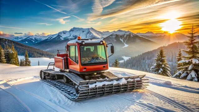 A snow cat vehicle is parked on a snowy mountain slope at sunset. The vehicle is red and has a large snow plow on the front. The setting sun is shining brightly in the sky, and the mountains in the ba